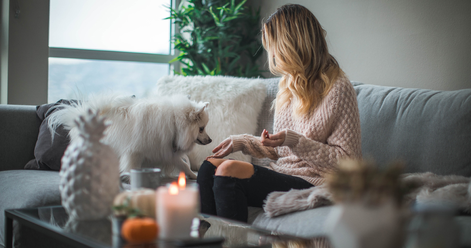 Woman with Dog on Couch